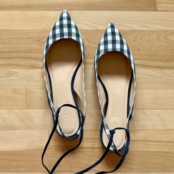 J. Crew Lily Ballet Flats Gingham Print Navy White with Ankle Wrap Size 9 - Picture 4 of 14